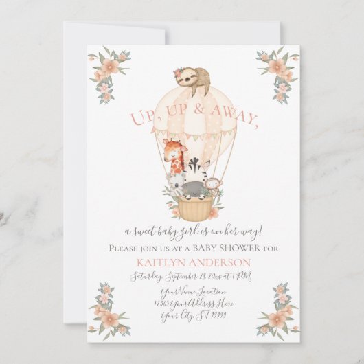 Niedlicher Tiere Hot Air Ballon Giraffe Sloth Zebr Einladung (Vorderseite)