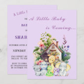 Niedlicher Tiere Kinderdusche Einladung | LILA (Vorne/Hinten)