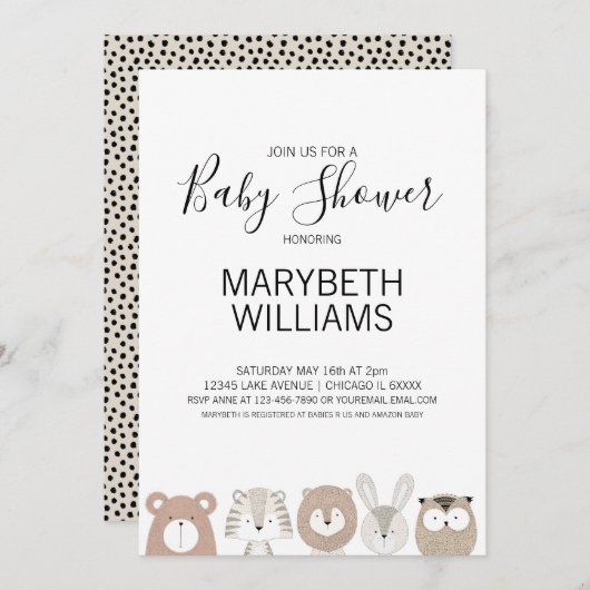 Niedlicher Tiere Kinderdusche Party Einladung Kart (Vorne/Hinten)