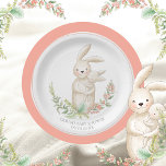 Niedlicher Tiere Personalisierte Pink Babydusche Pappteller<br><div class="desc">Weiche pastellfarbene Blume und das süßeste,  sonnige Kaninchen,  das den Babyhase hält. Personalisiert mit Namen und Datum machen dies besonders. Matching-Produkte verfügbar. 100% Kundenzufriedenheit mit "Zazzle"</div>