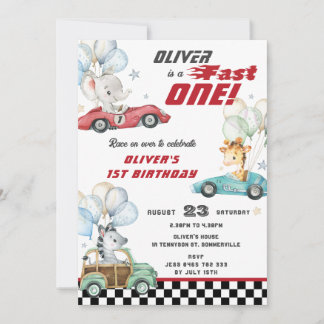 Niedlicher Tiere Race Cars 1. Geburtstag Schnell 1 Einladung