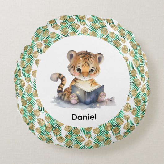 Niedlicher Tiger Buch Rundes Kissen (Vorderseite)