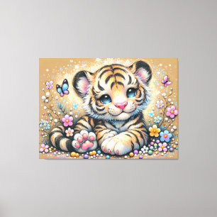Niedlicher Tiger-Cube mit Blume und Schmetterlinge Leinwanddruck
