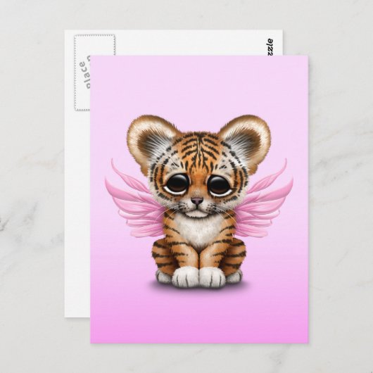 Niedlicher Tiger Cube mit Märchenwings auf Rosa Postkarte (Vorne/Hinten)