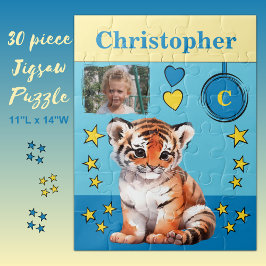 Niedlicher Tiger Foto Name Blau-Gelbe Kinder Puzzle