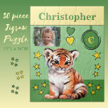 Niedlicher Tiger Foto Name Grün-Gelb-Kinder Puzzle<br><div class="desc">30 Stück Puzzle für Kinder. Mit einem niedlichen Tiger,  mit Sternen und Lieben. Fügen Sie einen Namen,  ein Initial und ein Foto hinzu. Farbschema: Grün und Gelb Geschenkidee für Kinder.</div>