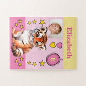 Niedlicher Tiger Foto Name Rosa Gelbe Kinder Puzzle (Horizontal)