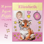 Niedlicher Tiger Foto Name Rosa Gelbe Kinder Puzzle<br><div class="desc">30 Stück Puzzle für Kinder. Mit einem niedlichen Tiger,  mit Sternen und Lieben. Fügen Sie einen Namen,  ein Initial und ein Foto hinzu. Farbschema: rosa und gelb Geschenkidee für Kinder.</div>