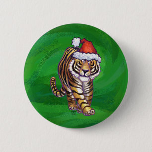 Niedlicher Tiger in der Weihnachtsmannmütze über g Button