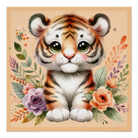 Niedlicher Tiger mit Blüten für Kinder | Poster (Vorderseite)