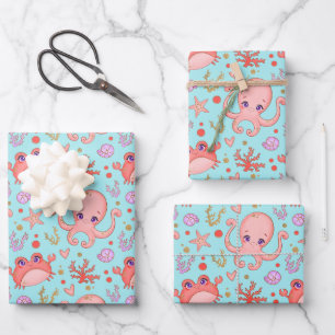 Niedlicher Tintenfisch und Krebserlebnis Blau Geschenkpapier Set
