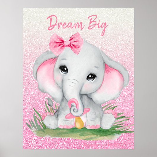 Niedlicher Traum Big Pink Glitzer Girl Elefant Poster (Vorne)