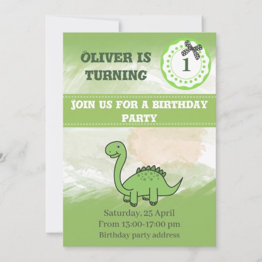 Niedlicher trendiger Aquarell lustiger Dinosaurier Einladung (Vorderseite)