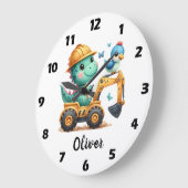 Niedlicher Trex Dinosaurier, der ein Baufahrzeug f Große Wanduhr (Winkel)