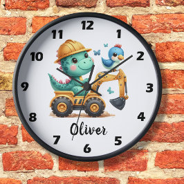 Niedlicher Trex Dinosaurier, der ein Baufahrzeug f Große Wanduhr