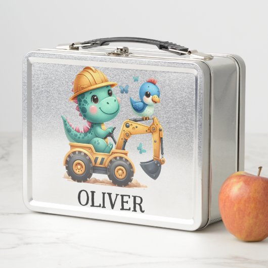 Niedlicher Trex Dinosaurier, der ein Baufahrzeug f Metall Brotdose (Beispiel)