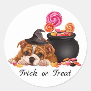 Niedlicher Trick oder Treat Candy Dog Halloween Runder Aufkleber