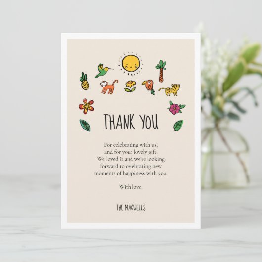 Niedlicher tropischer Dschungel Kinderdusche Dankeskarte (Stehend Vorderseite)