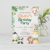 Niedlicher Tropischer Jungle Safari Wild 1. Geburt Einladung (Stehend Vorderseite)