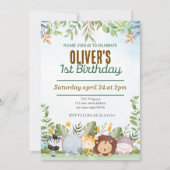 Niedlicher Tropischer Jungle Safari Wild 1. Geburt Einladung (Vorderseite)