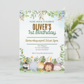 Niedlicher Tropischer Jungle Safari Wild 1. Geburt Einladung (Stehend Vorderseite)