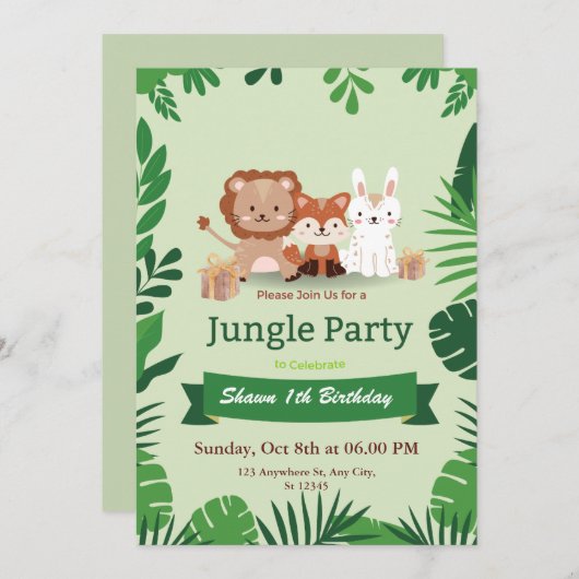 Niedlicher Tropischer Jungle Safari Wild 1. Geburt Einladung (Vorne/Hinten)