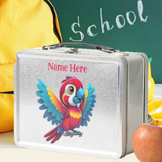 Niedlicher tropischer Macaw Parrot Bird Cartoon Gr Metall Brotdose