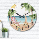 Niedlicher tropischer Strand Große Wanduhr<br><div class="desc">Ein cooles Strandthema in Rosa und aquamarinen Farbtönen, das den Blick auf einen Strandausflug oder eine angenehme Stimmung freigibt. Niedlicher, rosa und weißer Liegestuhl, Regenschirm und sogar eine Flamingo-Floaty, um sich zu amüsieren. Palmen schweben, Muscheln sammeln - alles dreht sich um diese kühlen tropischen Strandbäume. Mit modernen Schriftart fügen Sie...</div>