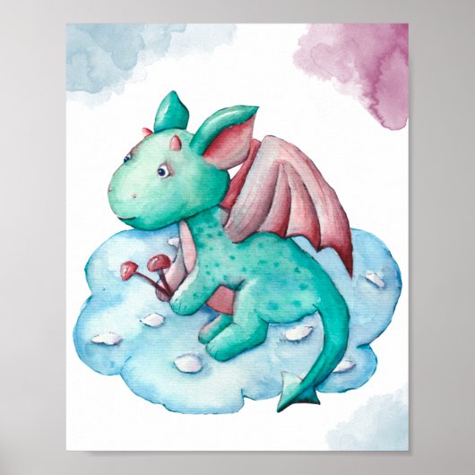 Niedlicher türkisfarbener Drache auf einem Cloud-D Poster (Vorne)