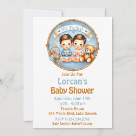 Niedlicher Twin Boys Baby Dusche Wasserfarbe Teddy Einladung