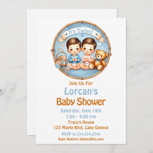 Niedlicher Twin Boys Baby Dusche Wasserfarbe Teddy Einladung (Vorne/Hinten)