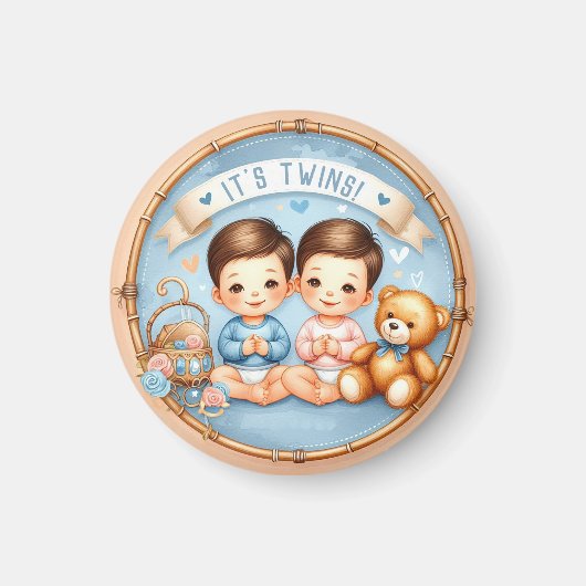 Niedlicher Twin Boys Baby Dusche Wasserfarbe Teddy Magnet (Vorne)