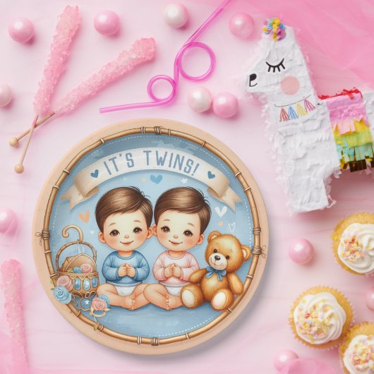 Niedlicher Twin Boys Baby Dusche Wasserfarbe Teddy Pappteller (Party)