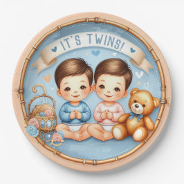 Niedlicher Twin Boys Baby Dusche Wasserfarbe Teddy Pappteller