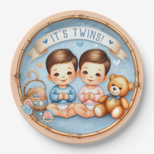 Niedlicher Twin Boys Baby Dusche Wasserfarbe Teddy Pappteller (Vorderseite)