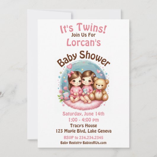 Niedlicher Twin Girl's Baby Shower Watercolor Tedd Einladung (Vorderseite)
