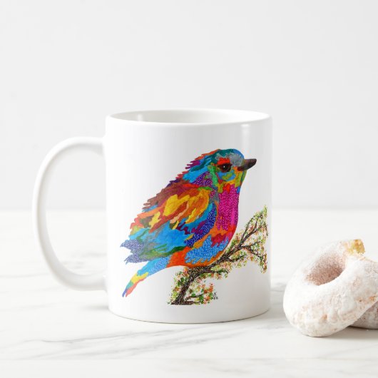 Niedlicher und Adorable-Vogel auf einer Zweigstell Kaffeetasse (Mit Donut)