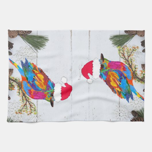 Niedlicher und farbenfroher Vogel auf einem Zweig  Geschirrtuch (Horizontal)