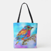 Niedlicher und farbenfroher Vogel auf einem Zweigs Tasche (Rückseite)