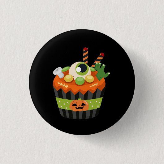 Niedlicher und grauenhafter Halloween Cupcake mit  Button (Vorderseite)