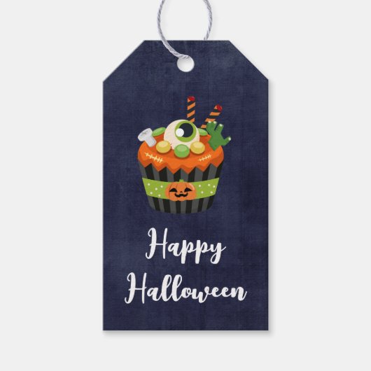 Niedlicher und grauenhafter Halloween Cupcake mit  Geschenkanhänger (Vorderseite)