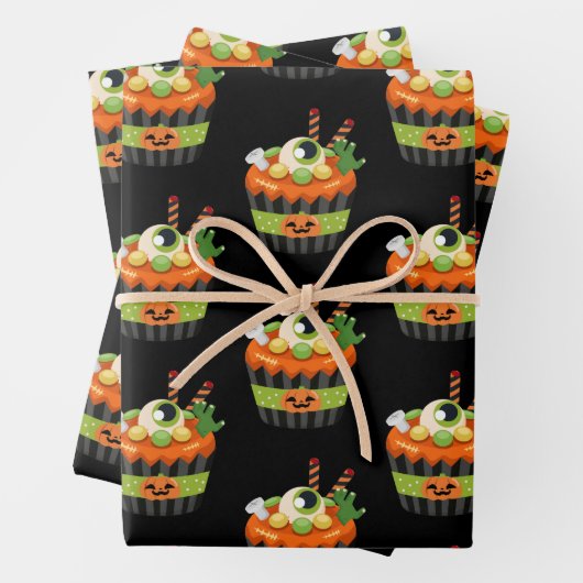 Niedlicher und grauenhafter Halloween Cupcake mit  Geschenkpapier Set (Beispiel)