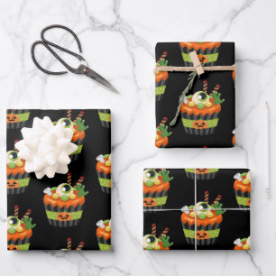 Niedlicher und grauenhafter Halloween Cupcake mit  Geschenkpapier Set