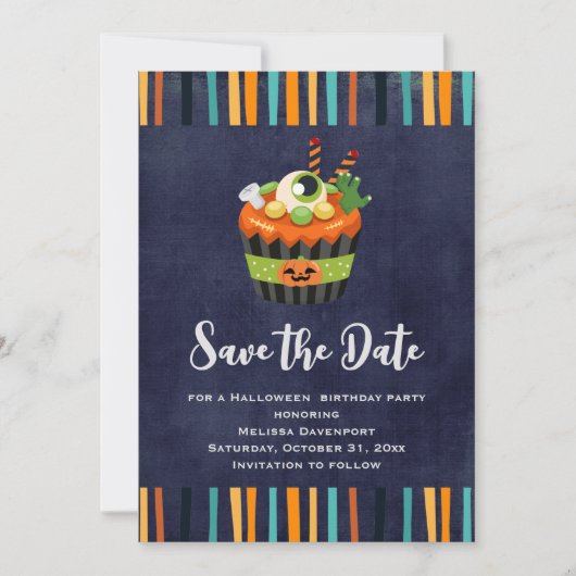 Niedlicher und grauenhafter Halloween Cupcake mit Save The Date (Vorderseite)