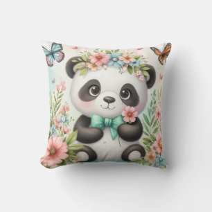 Niedlicher und lustiger Panda-Bär unter den Blume Kissen