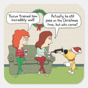 Niedlicher und sonniger Hund zu Weihnachten Wein s Quadratischer Aufkleber
