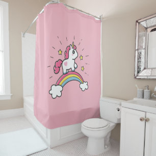 Niedlicher Unicorn auf einem Regenbogen-Entwurf Duschvorhang
