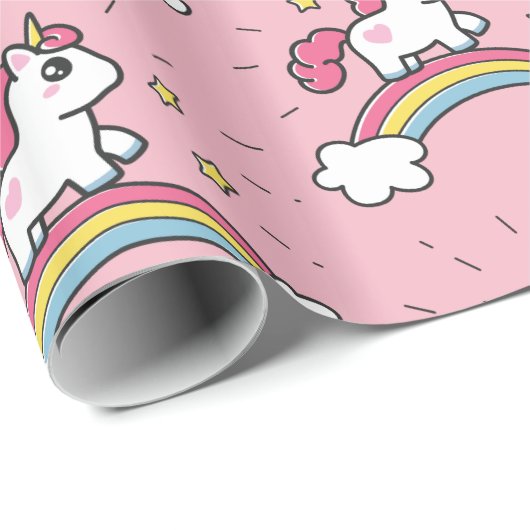 Niedlicher Unicorn auf einem Regenbogen-Entwurf Geschenkpapier (Rolleneckpunkt)