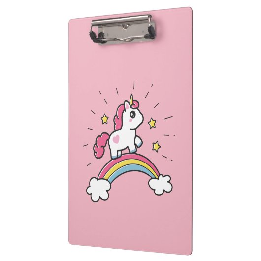 Niedlicher Unicorn auf einem Regenbogen-Entwurf Klemmbrett (Links)