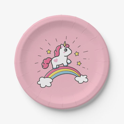 Niedlicher Unicorn auf einem Regenbogen-Entwurf Pappteller (Vorderseite)